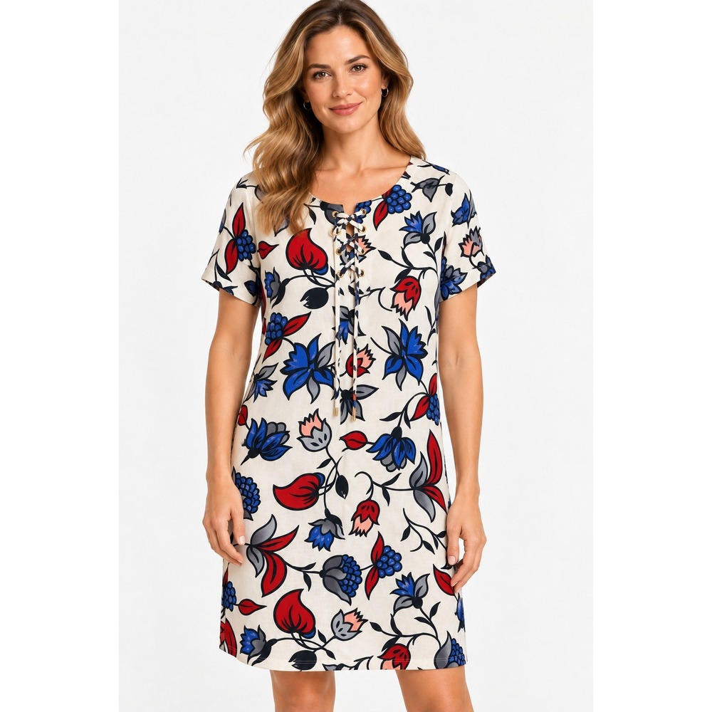 Grace Elements Floral Shift Dress Womens Size S White New Lace Up Linen Blend